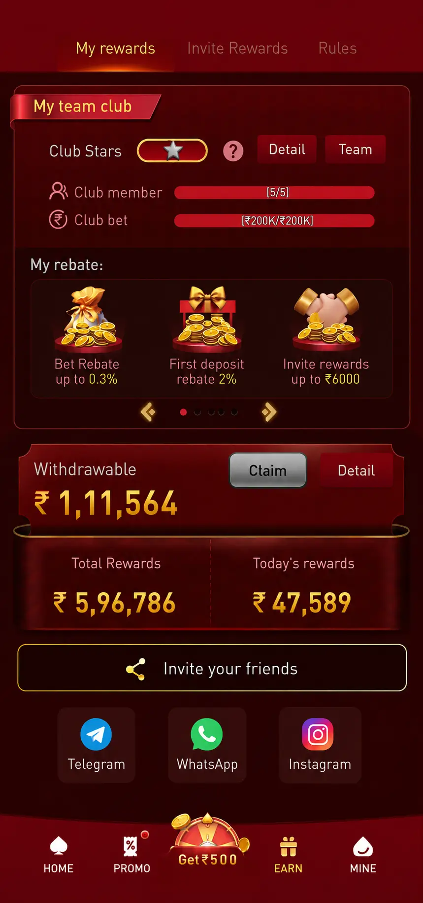 OKMM app rewards screen showing rebates and withdrawable balance